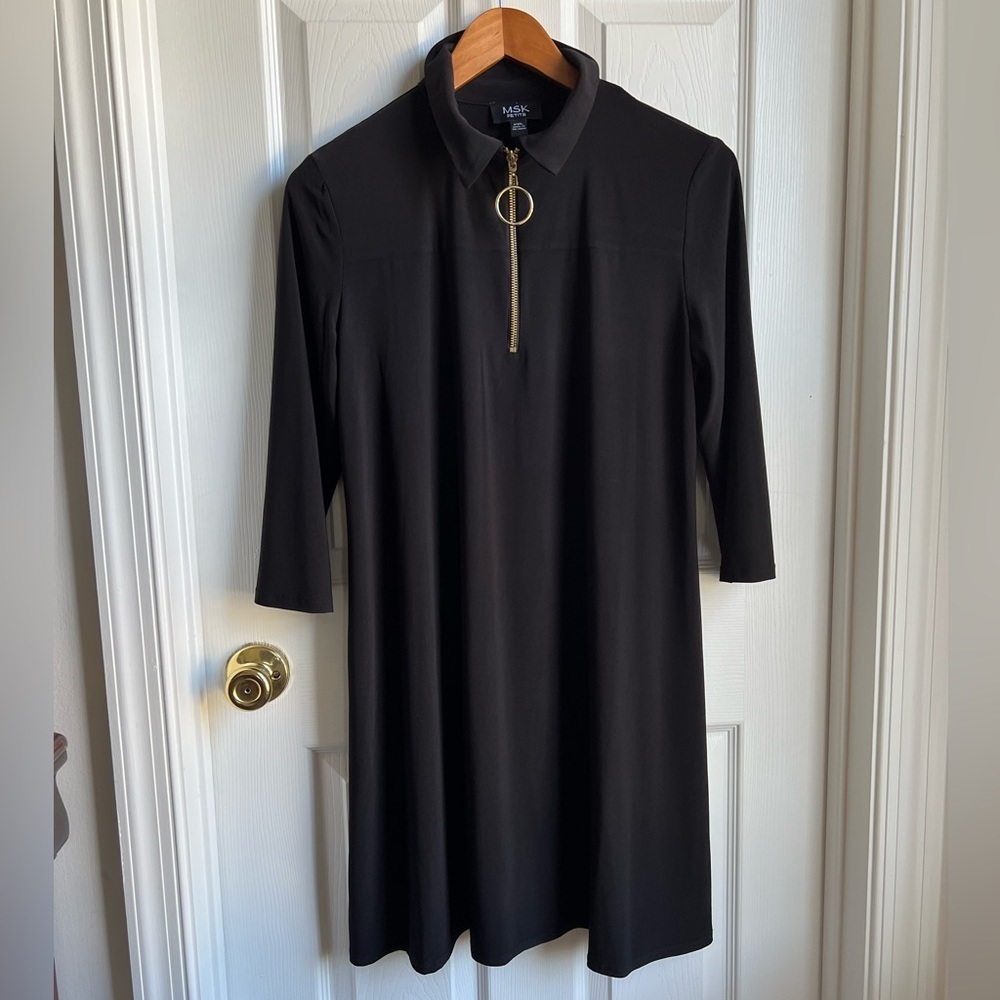 MSK Petite Black A Line Pullover Dress with Gold O-Ring Zipper Pull Size PXL